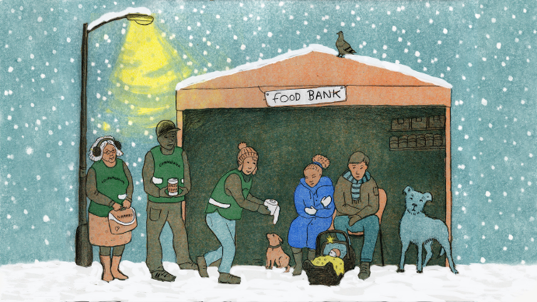 A foodbank scene at Christmas